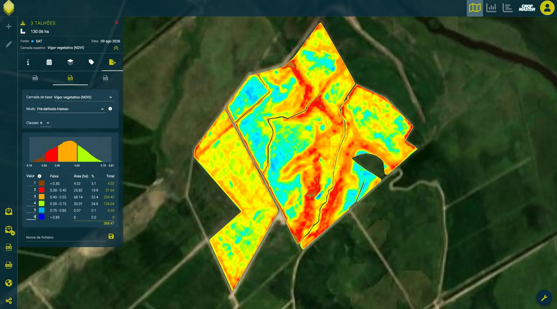 Mapa de vigor vegetativo por talhão no LAYERS com painel de classes e exportação para taxa variável