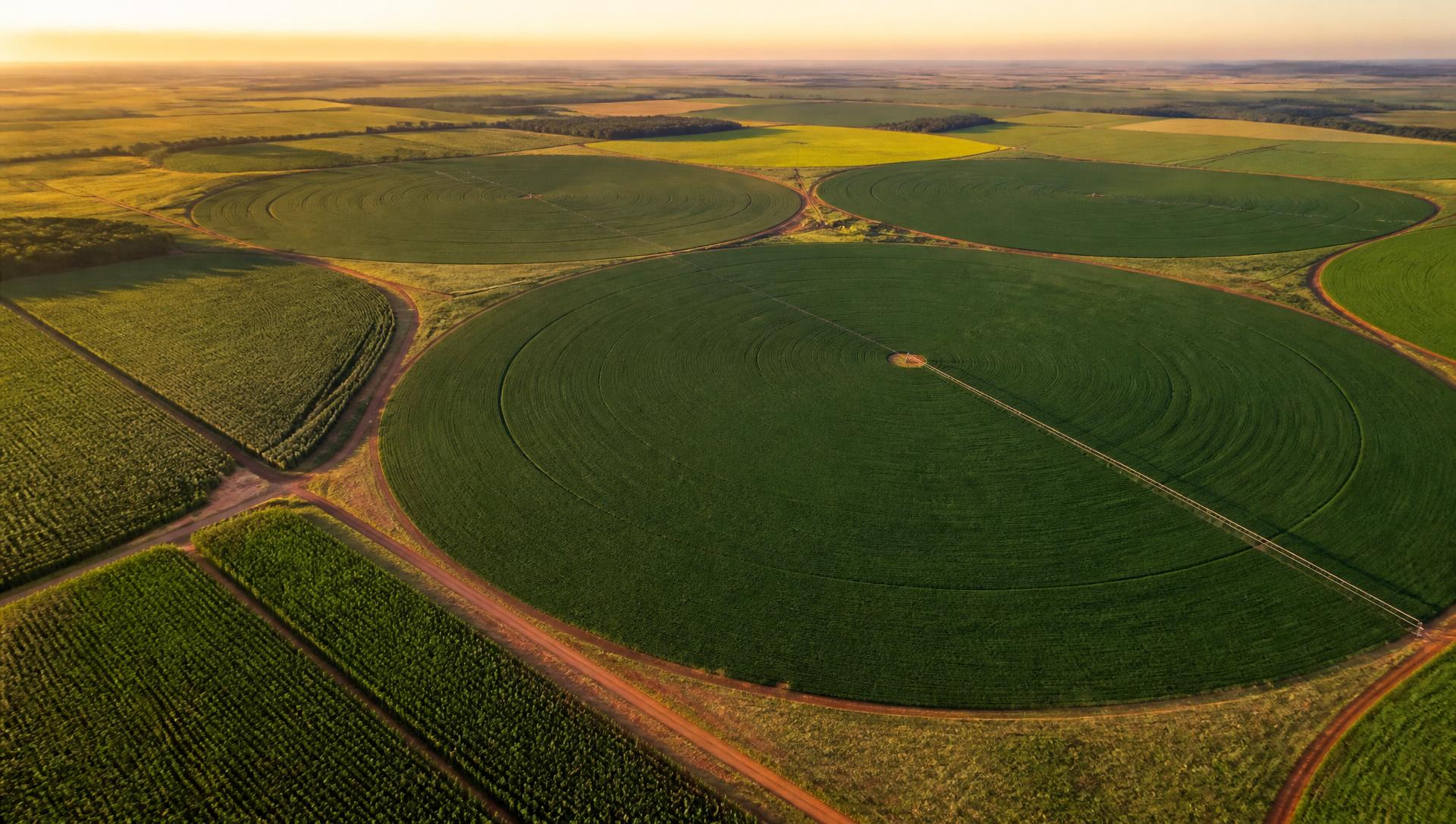Vista aérea de lavoura de grãos no Cerrado com pivôs centrais e talhões divididos